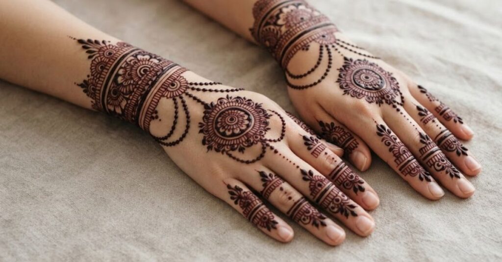 What Are Jewelry Style Mehndi Designs featuring elegant bracelet mehndi designs with ring chains and floral henna patterns on female hands