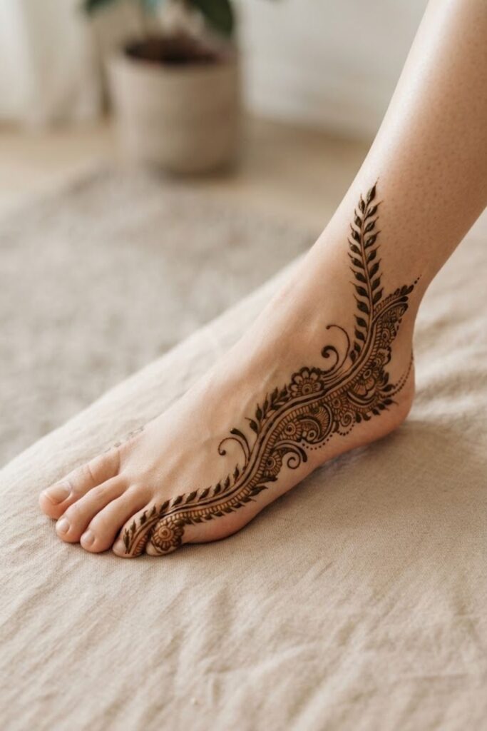 Elegant one-side foot mehndi design with floral and leafy henna details