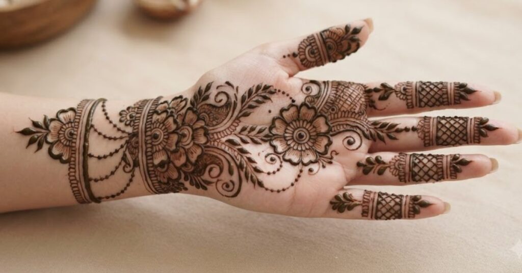 Party wear mehndi design showing elegant floral and Arabic henna patterns on hand