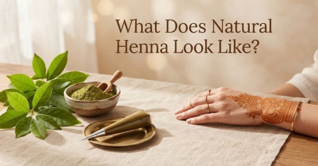 What natural henna looks like, showing fresh henna leaves, natural henna powder, paste, and an orange-brown henna stain.
