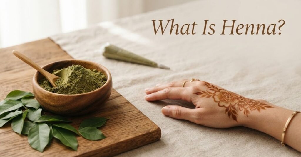 What Is Henna? Natural henna powder, leaves, and henna cone with a simple henna design.