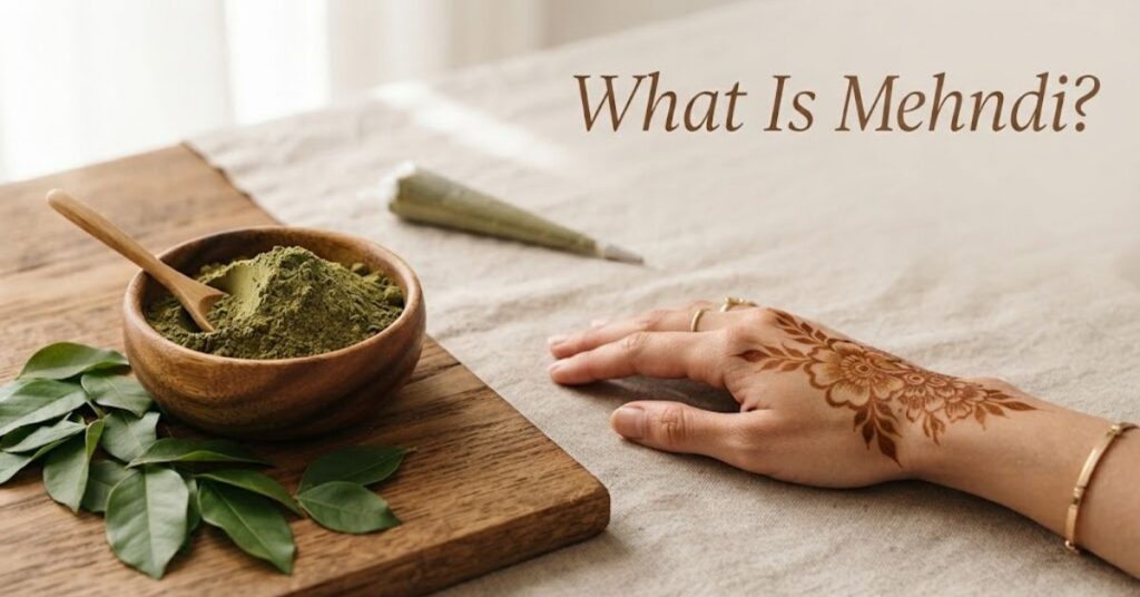 What Is Mehndi? Traditional mehndi cone, natural henna paste, leaves, and a decorated hand.