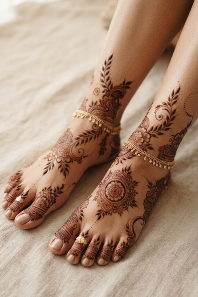 Elegant Arabic foot mehndi design with floral vines, leaves, and delicate patterns on both feet