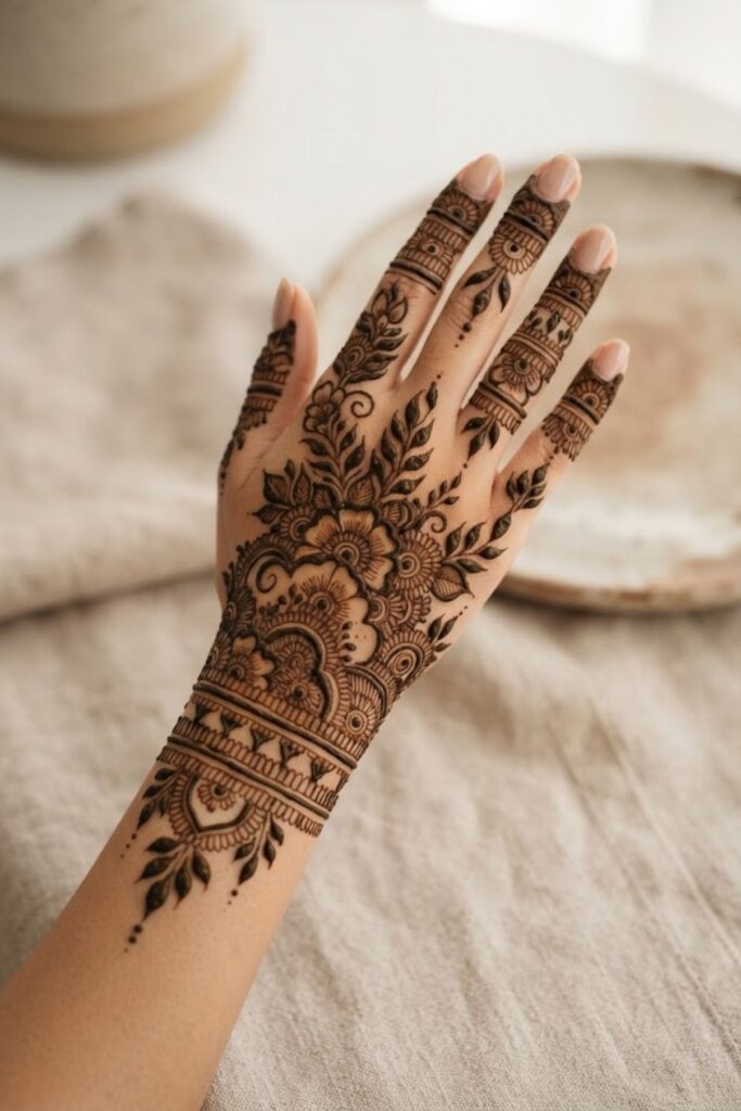 Elegant back hand mehndi design with delicate floral and leafy patterns.
