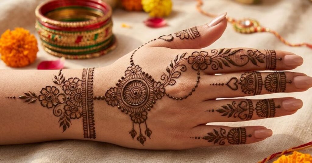 Beautiful Rakhi mehndi design showing traditional henna patterns for Raksha Bandhan celebration