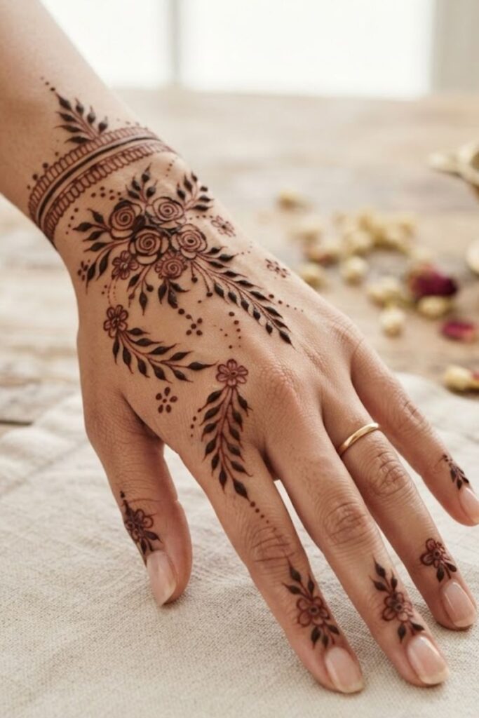Beautiful floral mehndi design with delicate flowers and leafy vines