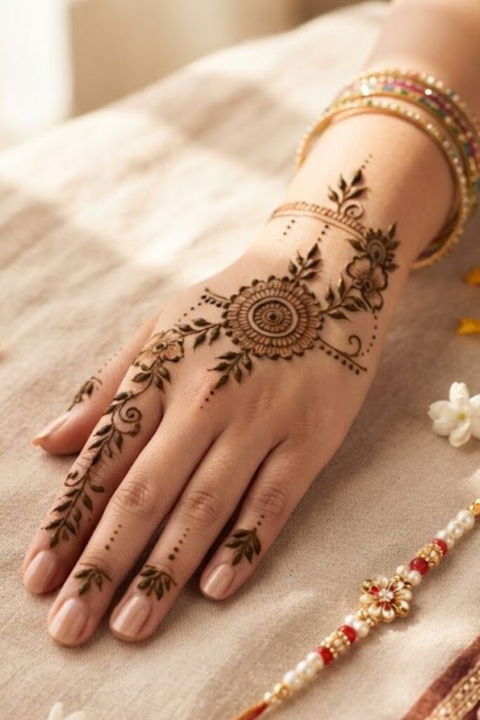 Elegant Raksha Bandhan mehndi design with floral vines and traditional Rakhi