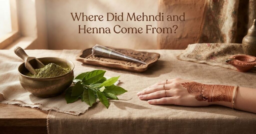 Where Did Mehndi and Henna Come From? Natural henna leaves, powder, mehndi cone, and traditional henna art.