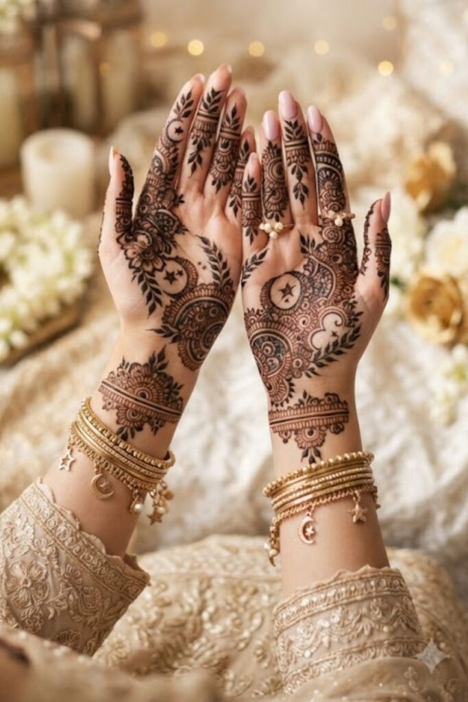 Eid-e-Milad-un-Nabi Mehndi Designs 2026 featuring elegant Islamic floral henna patterns