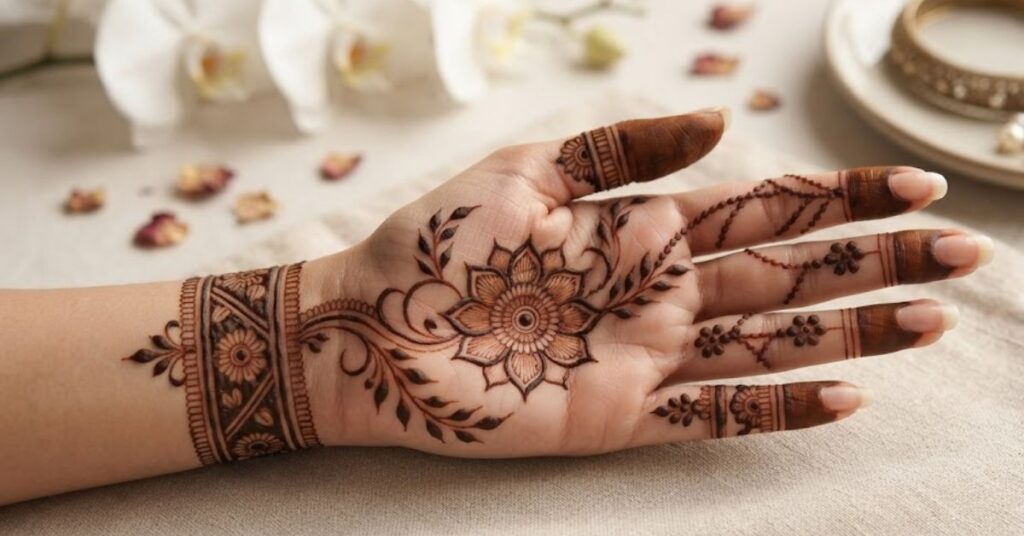Trending party wear mehndi design 2026 with modern floral and stylish henna patterns on hand