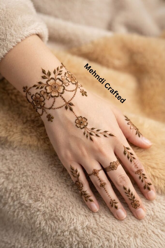 Floral Chain Bracelet Mehndi with finger designs