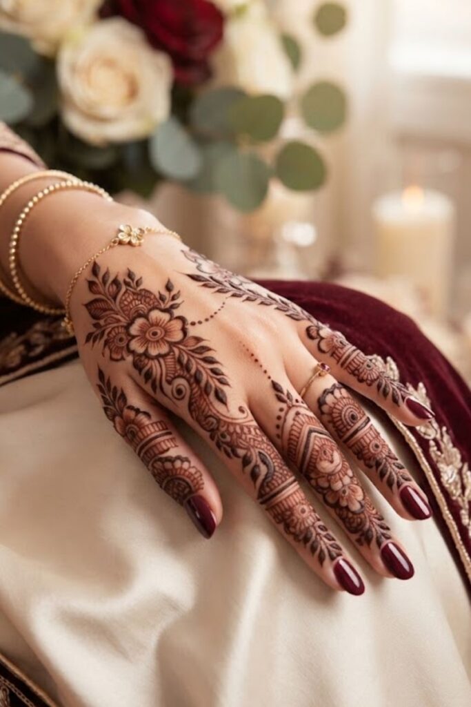 Full finger bridal mehndi design with intricate floral, leafy, and paisley henna patterns