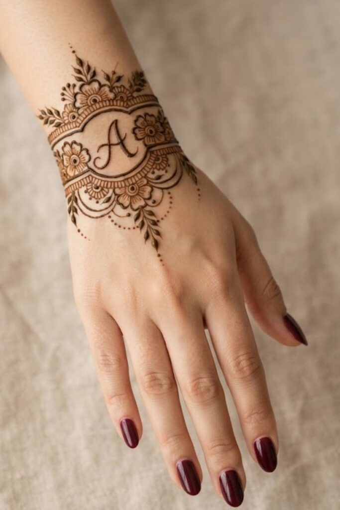 A letter bracelet mehndi design with floral wrist patterns and deep maroon nail polish