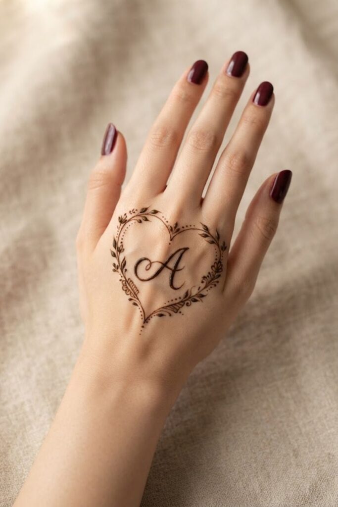 A letter inside a heart mehndi design with deep maroon nail polish