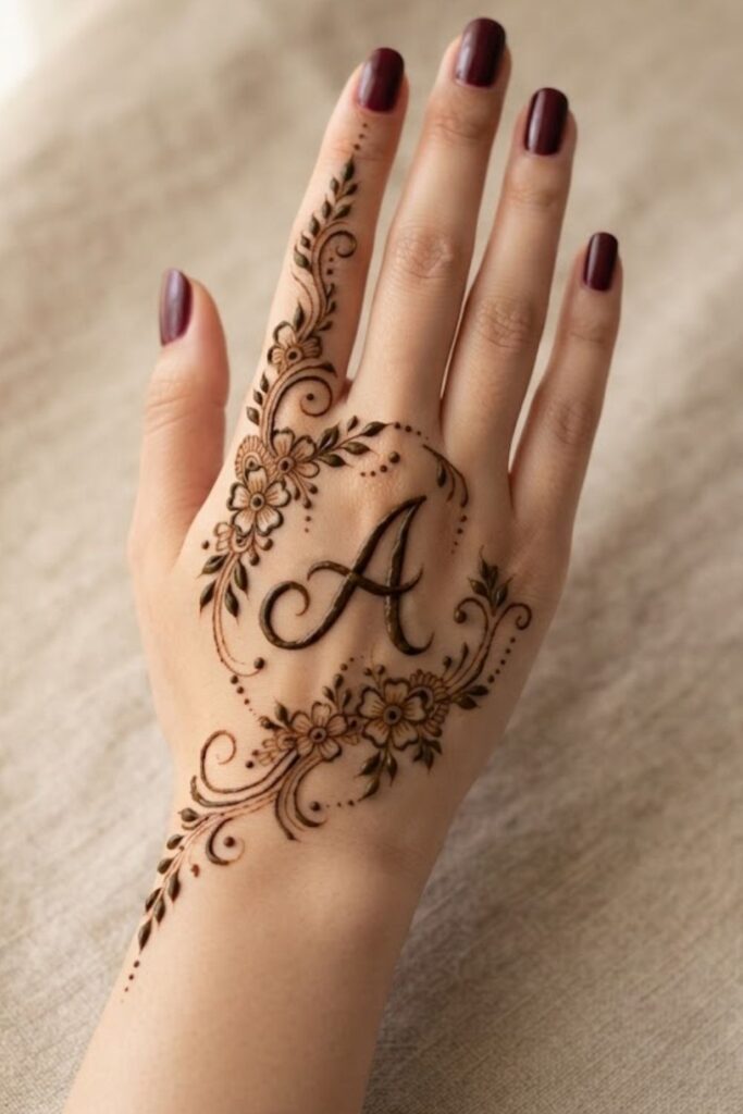 A letter mehndi design on the back of the hand with deep maroon nail polish