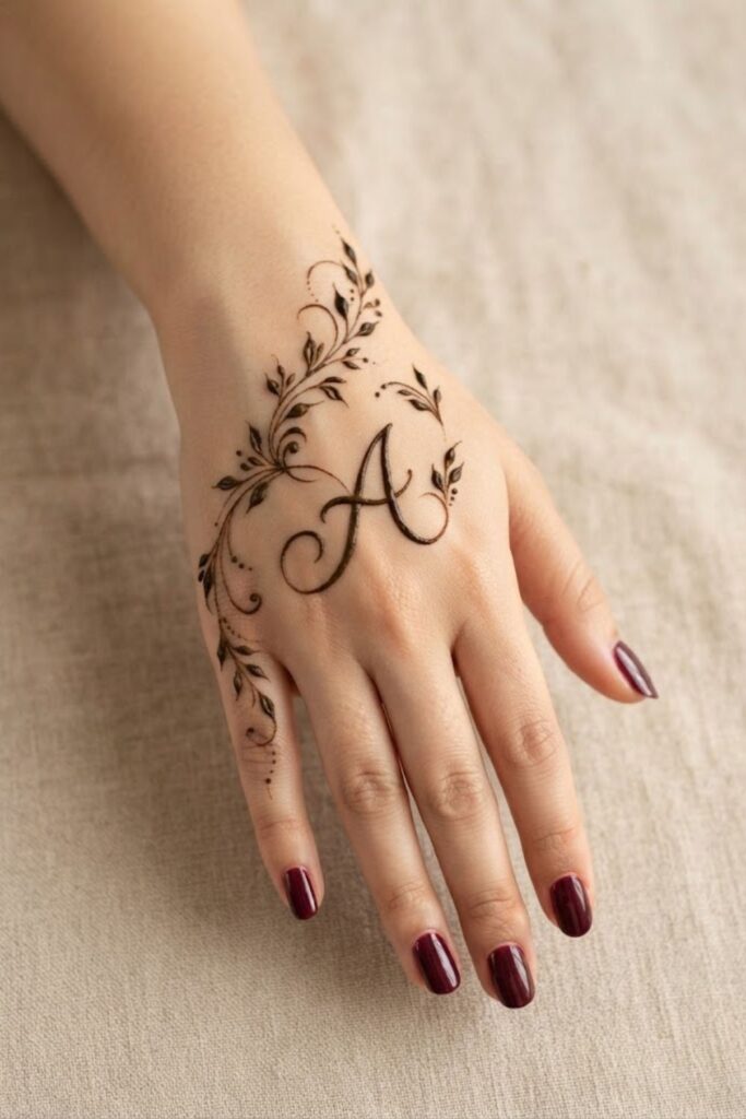 A letter mehndi design with delicate leafy vines and deep maroon nail polish