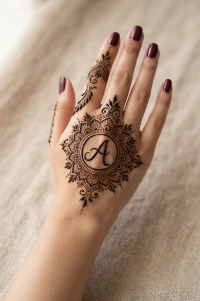 A letter mehndi design with a detailed mandala pattern and deep maroon nail polish