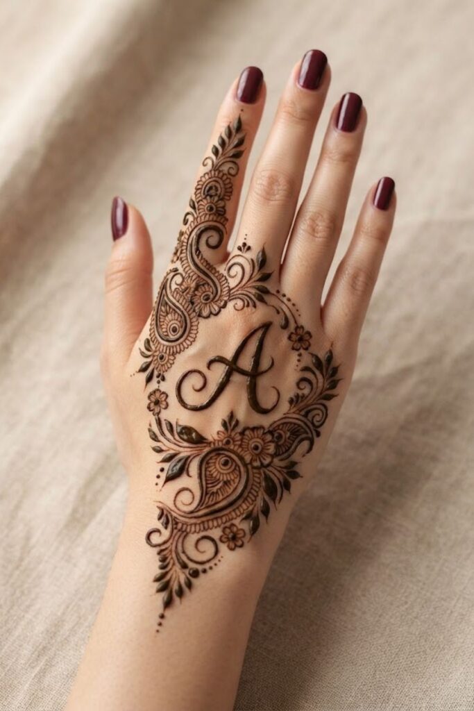 A letter mehndi design with elegant paisley motifs and deep maroon nail polish