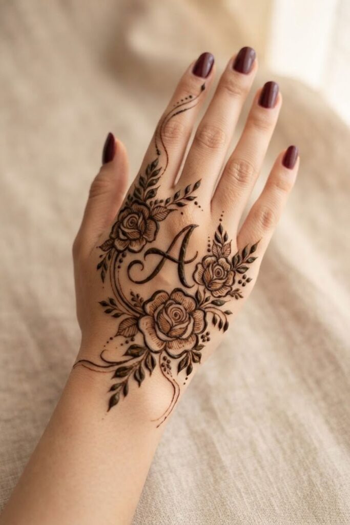 A letter mehndi design with rose motifs, leafy vines, and deep maroon nail polish