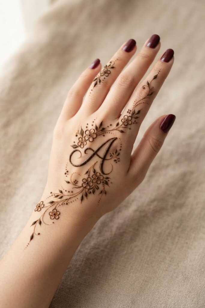 A letter mehndi design with tiny flowers and deep maroon nail polish