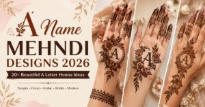 A Name Mehndi Designs 2026 featuring beautiful A letter henna designs