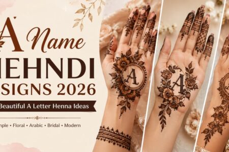 A Name Mehndi Designs 2026 featuring beautiful A letter henna designs