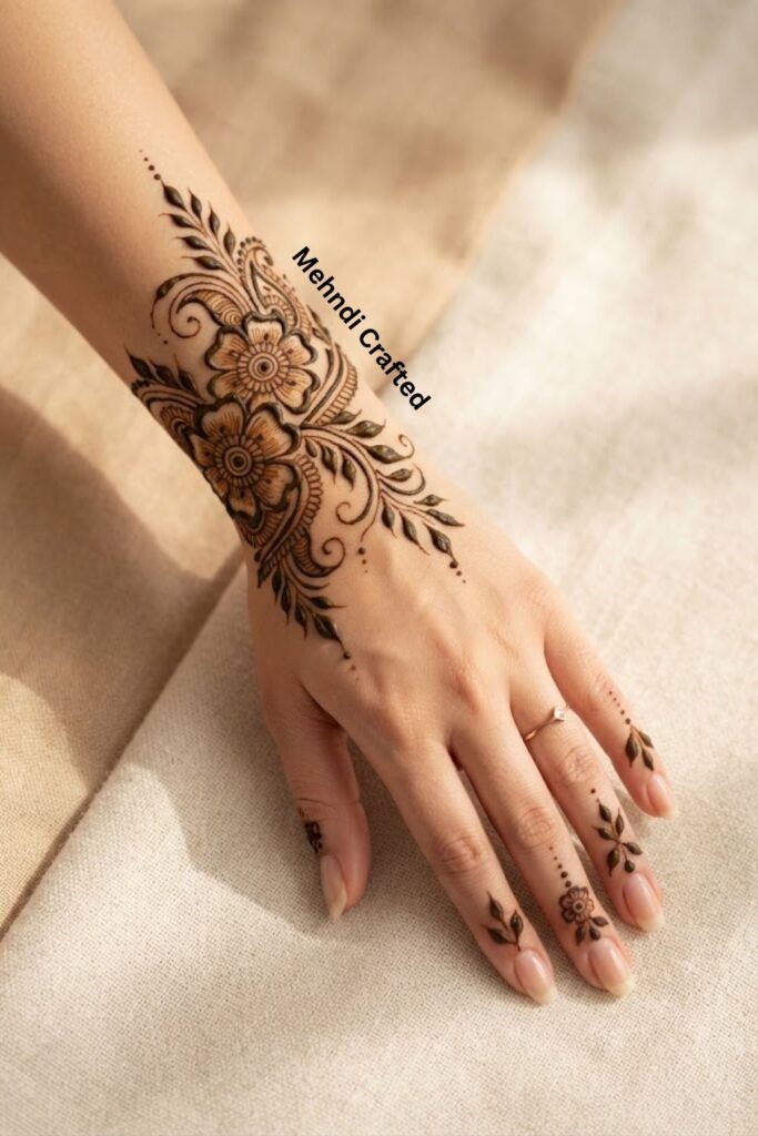 Arabic bracelet mehndi design with bold flowers, leafy vines, and delicate henna details around the wrist