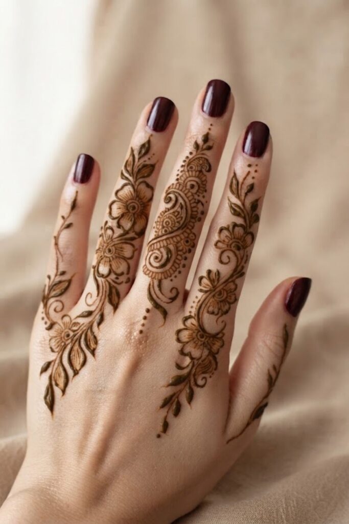 Arabic finger mehndi design with bold floral vines, leaves, paisleys, and dots