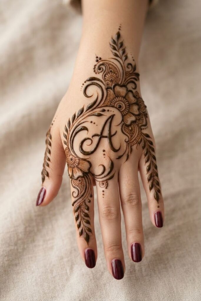 Arabic-style A letter mehndi design with floral vines and deep maroon nail polish