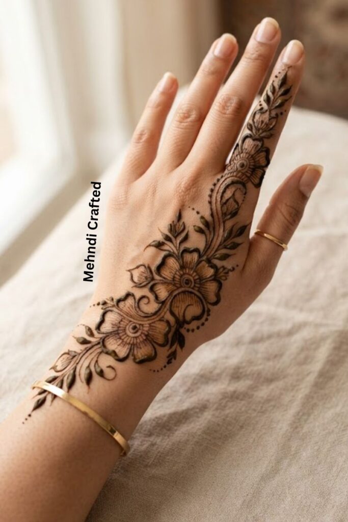 Arabic-style bail mehndi design with bold flowers, flowing leafy vines, and open spaces on the back of the hand
