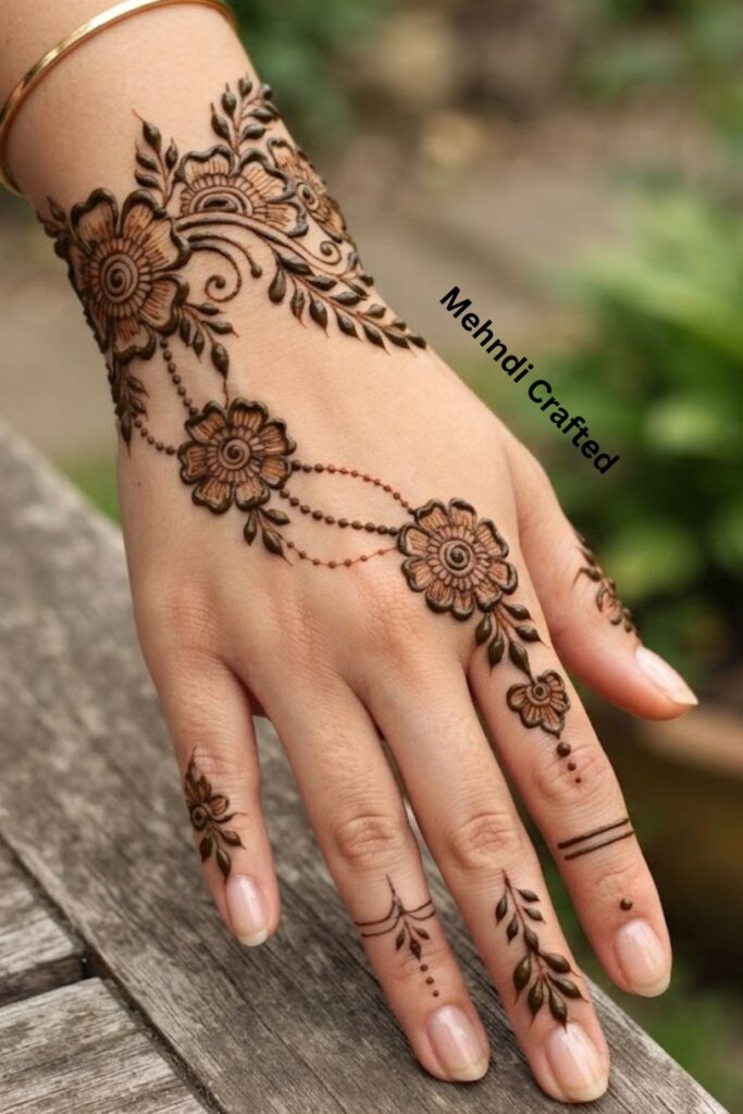 “Arabic Floral Bracelet Mehndi with unique finger designs”