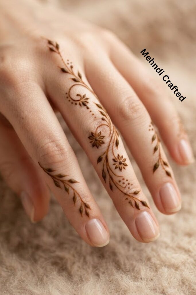 Arabic-Inspired Finger Henna Design with a delicate flowing vine and leaves
