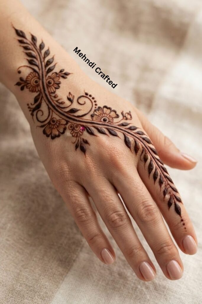 Arabic leafy vine mehndi design with elegant diagonal patterns