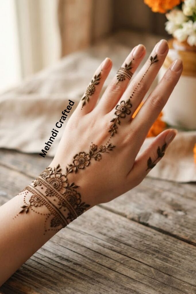 “Back Hand Floral Bracelet Mehndi Design with Finger Details”