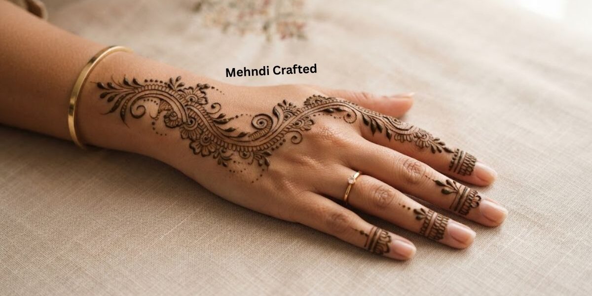 Bail mehndi designs 2026 featuring an elegant floral and leafy vine henna pattern on the back of the hand