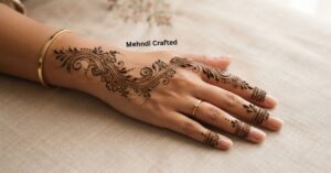 Bail mehndi designs 2026 featuring an elegant floral and leafy vine henna pattern on the back of the hand