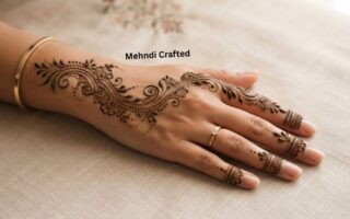Bail mehndi designs 2026 featuring an elegant floral and leafy vine henna pattern on the back of the hand