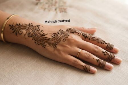 Bail mehndi designs 2026 featuring an elegant floral and leafy vine henna pattern on the back of the hand