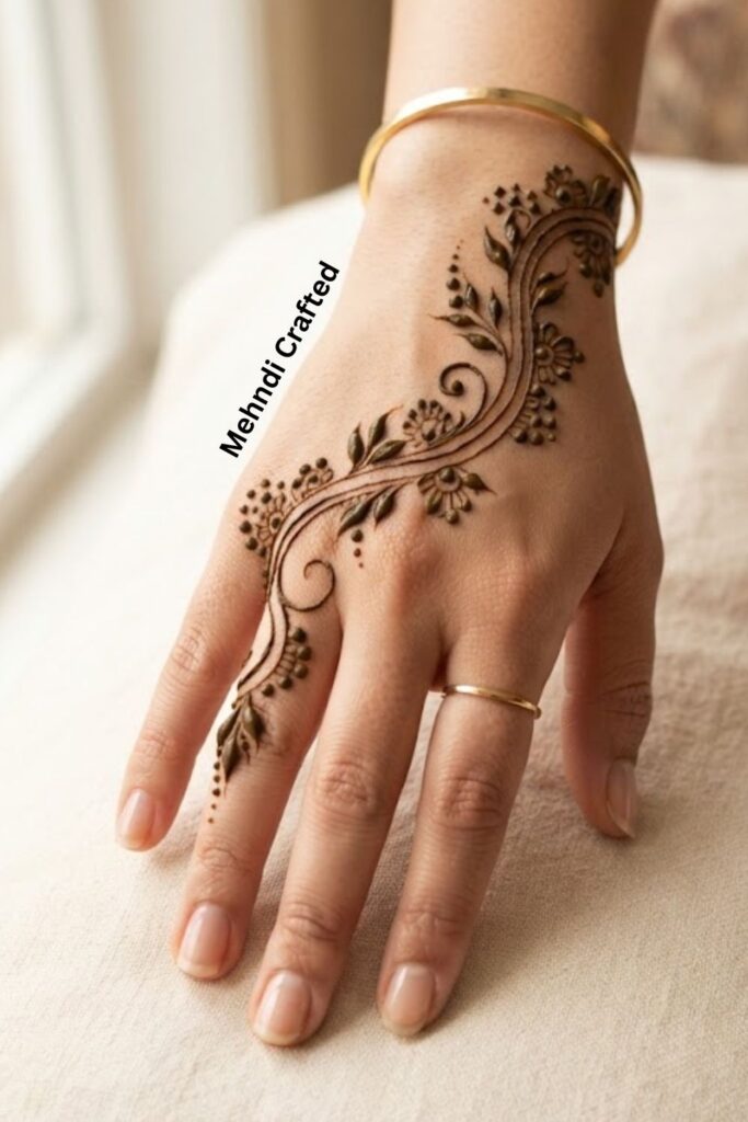 Bail mehndi design with delicate leafy vines, floral details, and decorative dots on the back of the hand