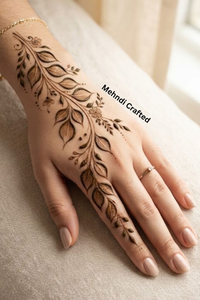 Bail mehndi design with beautifully shaded leaves, flowing vines, tiny flowers, and delicate dots