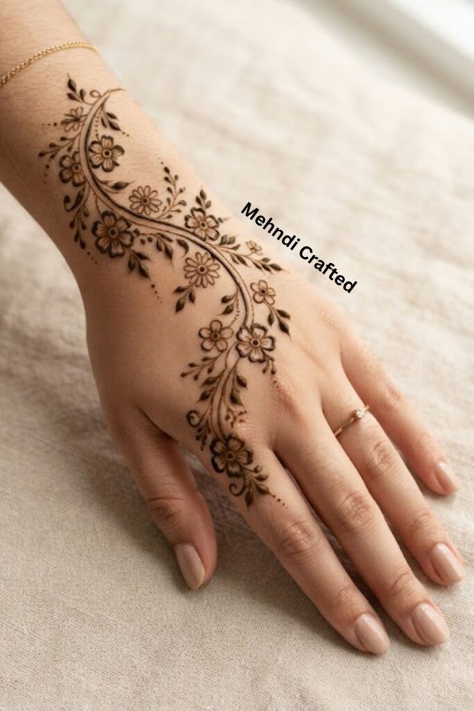 Bail mehndi design with tiny flowers, delicate leaves, and a graceful flowing vine on the back of the hand