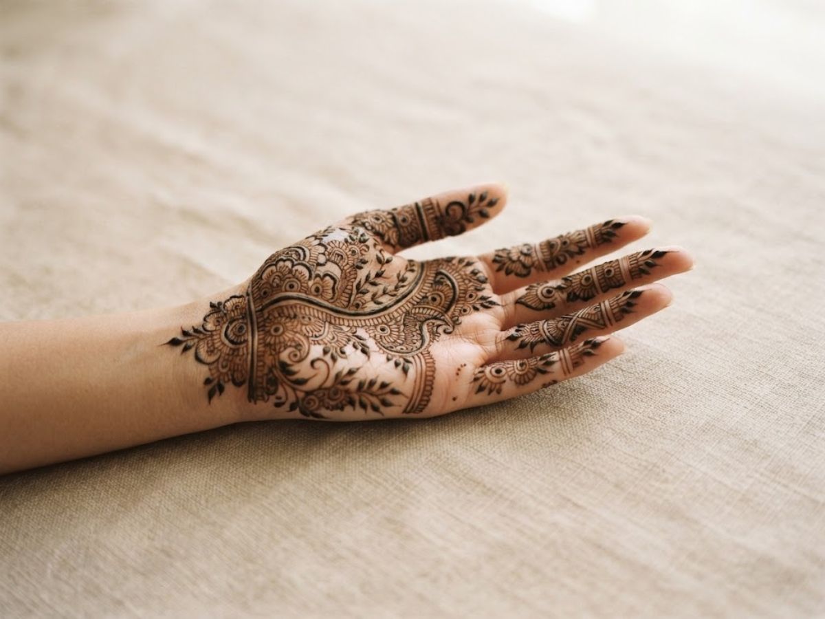 Beautiful mehndi design with floral patterns and detailed fingers