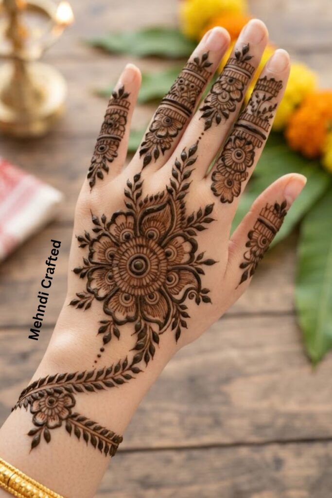Bengali back-hand floral mehndi pattern with delicate flowers and leafy vines