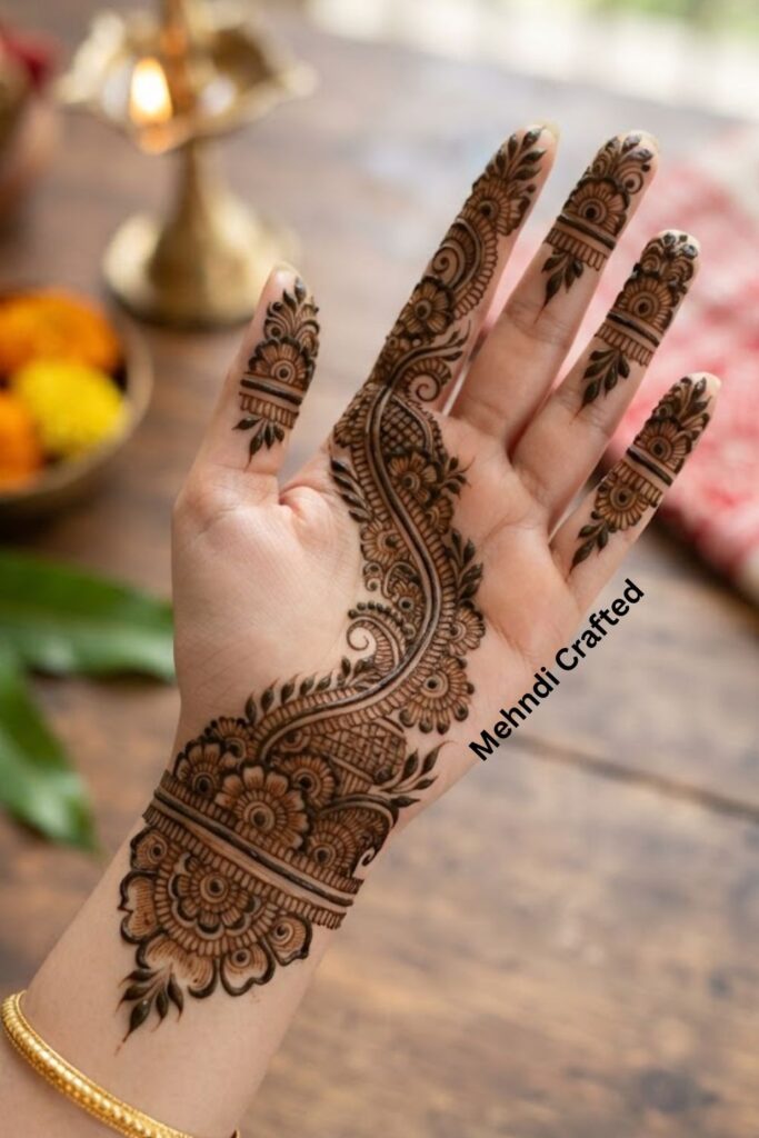 Bengali bail mehndi design with a flowing floral vine, leaves, and delicate details