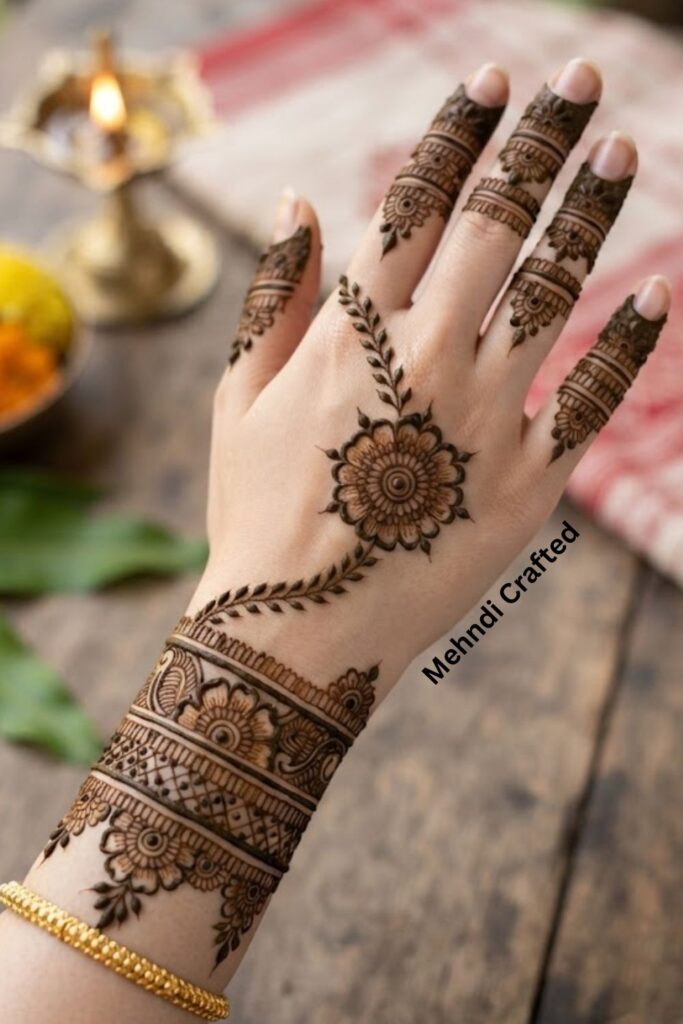Bengali bracelet mehndi design with delicate floral chain and leafy details