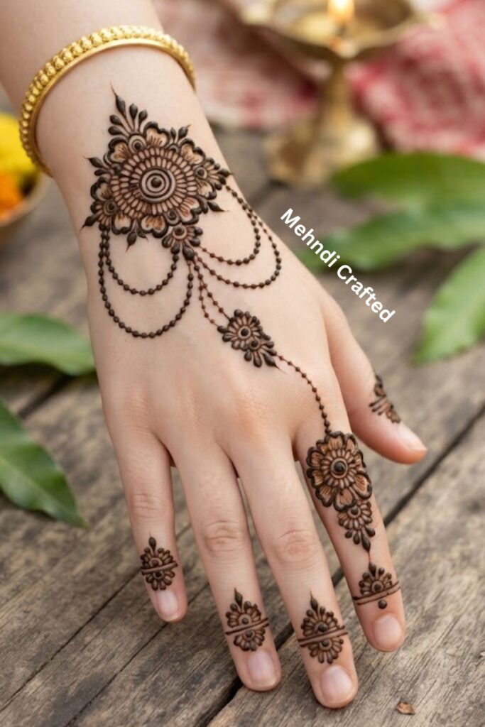 Bengali floral finger chain mehndi design with delicate flowers and leafy details
