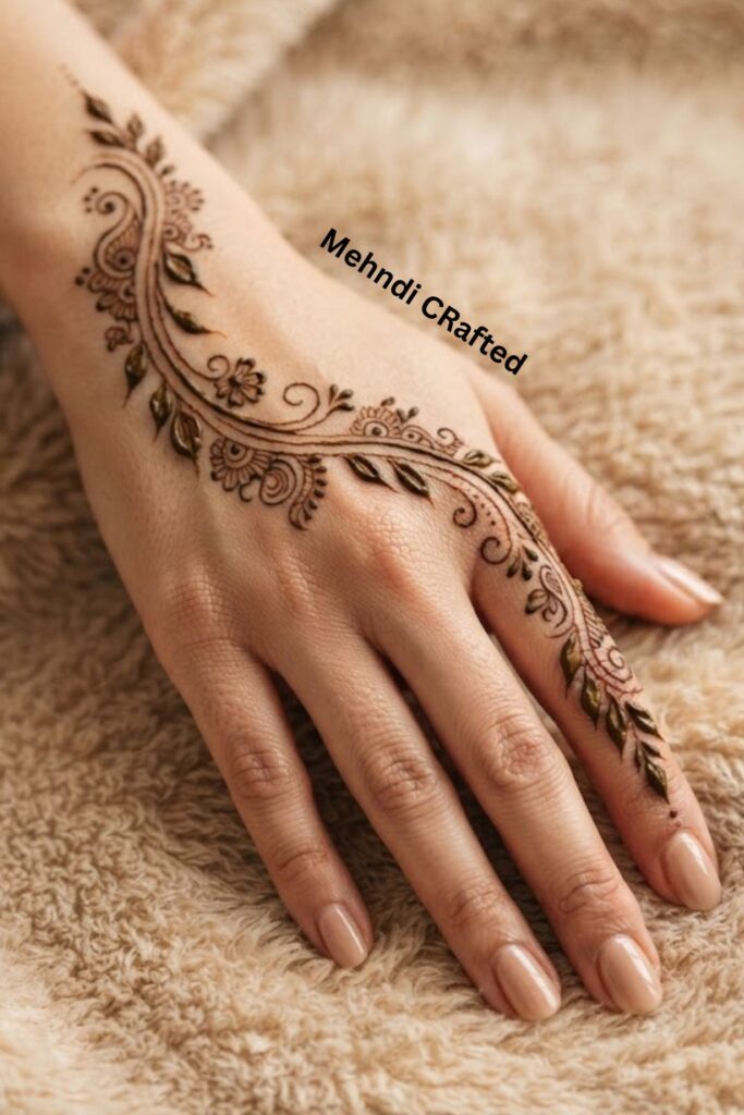 Bengali leaf trail mehndi design with delicate vines, leaves, and flowers