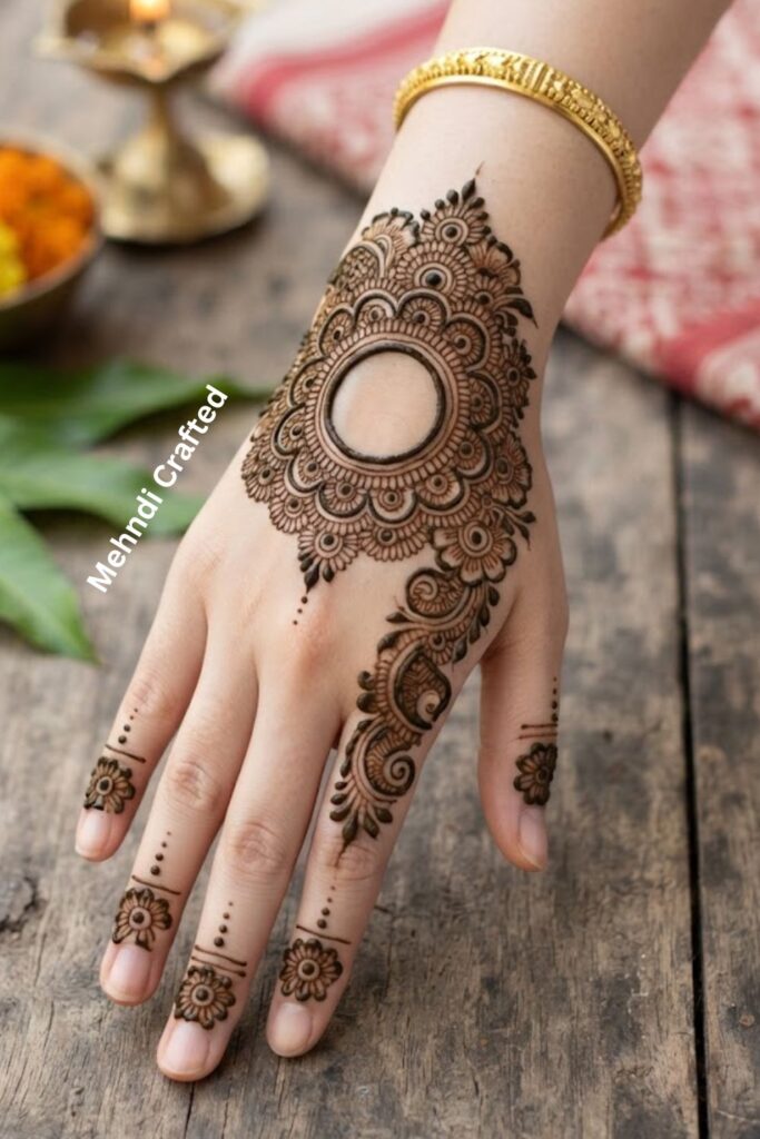 Bengali mandala mehndi design with delicate petals and open negative space