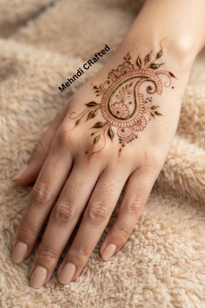 Bengali paisley and leaf mehndi design with delicate floral details