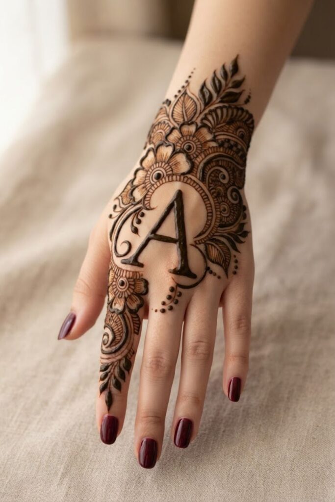 Bold A letter mehndi design with thick henna lines and deep maroon nail polish